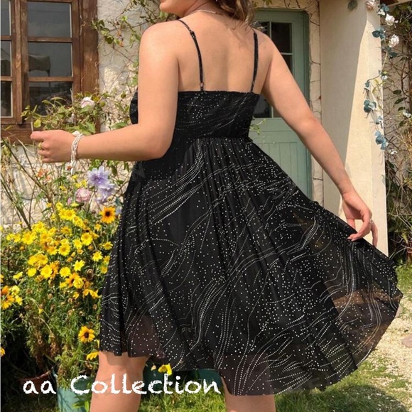 Elegant Plus Size Sheer Mesh Print Asymmetrical Hem Cami Evening Dress Black - Picture 3 of 3